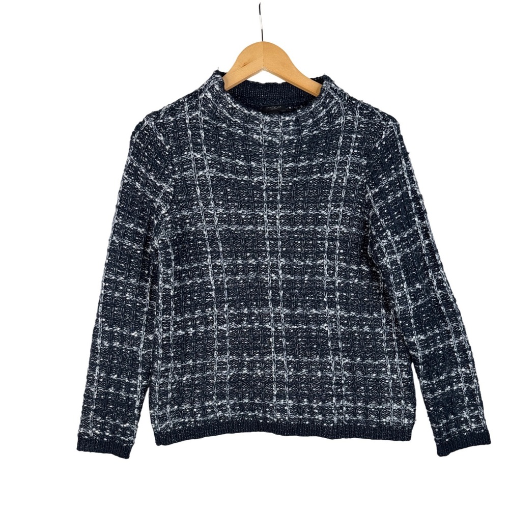 Ann Taylor Factory Women's Gray Chunky‎ Knit Plaid Mock neck Sweater Size Small